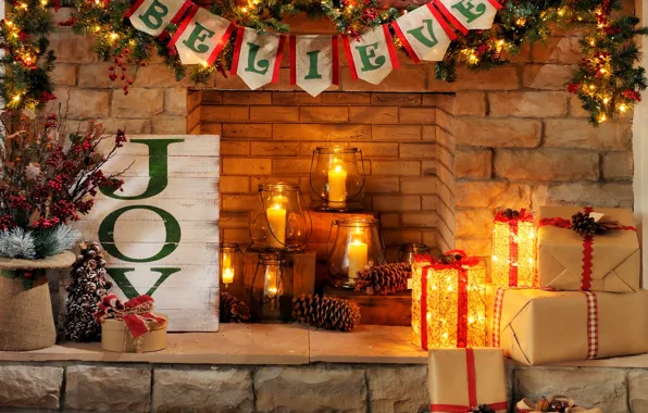 Картинка праздник, свечи, камин, Happy New Year, Merry Christmas, gift, holiday, candles