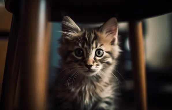 Кошка, кот, взгляд, стол, мебель, портрет, арт, стул