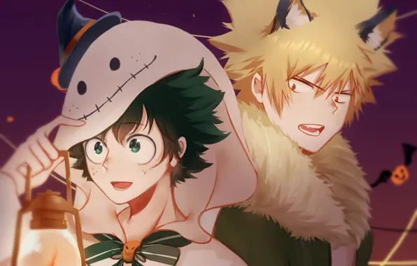 Призрак, фонарь, парни, ушки, хеллоуин, Моя геройская академия, My Hero Academia, Boku No Hero Academia