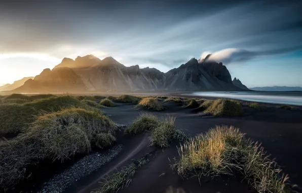 Картинка пляж, небо, облака, горы, Исландия, фьорд, мыс, Стокснес