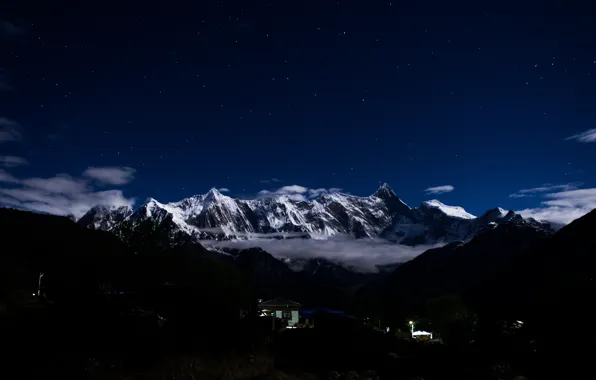 China, sky, mountains, snow, stars, hills, houses, Asia