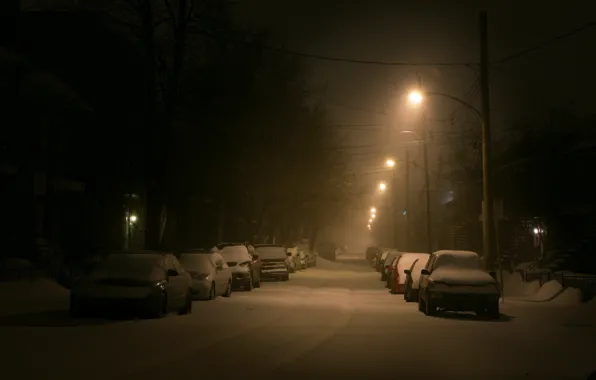 Картинка зима, снег, машины, улица, фонарь