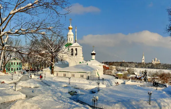 Картинка зима, снег, пейзаж, город, церковь, Владимир, Спасская церковь