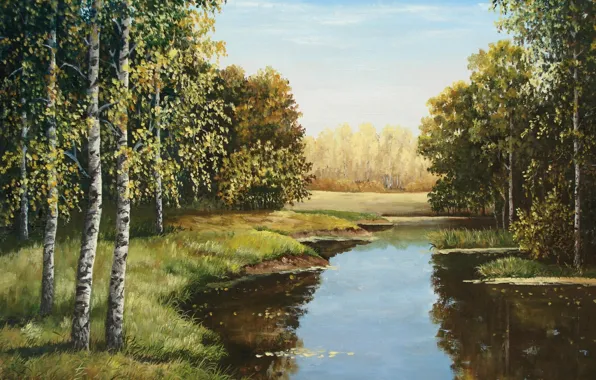 Картинка лес, небо, вода, река, берег, картина, художник, живопись