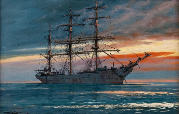 Картинка море, небо, корабль, парусник, Adolf Bock