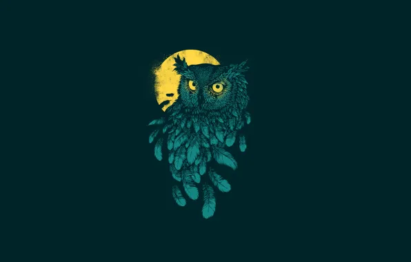 Картинка темный фон, сова, птица, минимализм, перья, moon, owl, желтая луна