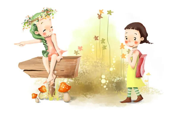 Картинка лето, цветы, девочки, рисунок, грибы, коса, венок, улыбки
