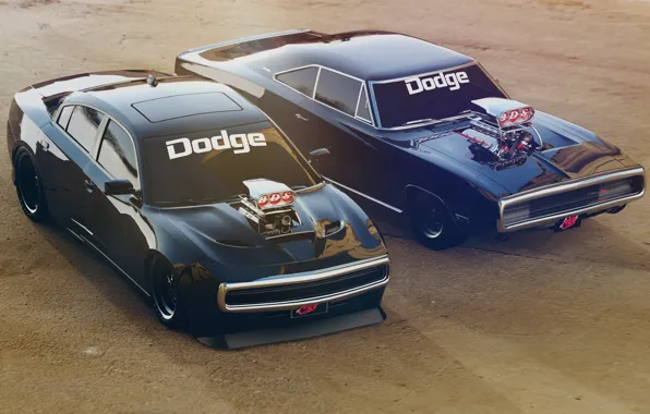 Черный, Ретро, Машина, Машины, Charger, Dodge Charger, Рендеринг, R/T
