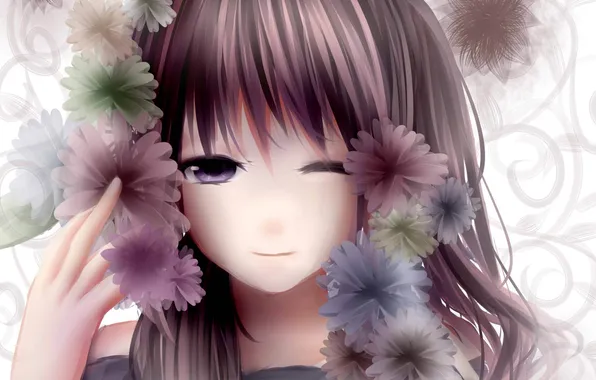 Картинка девушка, цветы, улыбка, узоры, аниме, арт, подмигивание, ryaku-ko