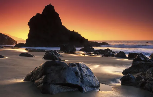 Картинка песок, пейзаж, камни, океан, скалы, берег, California, San Francisco