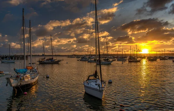 Картинка закат, яхты, залив, Сан-Диего