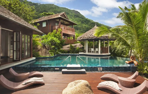 Бассейн, Сейшелы, отель, бунгало, лежаки, Hilton Seychelles Labriz Resort & Spa