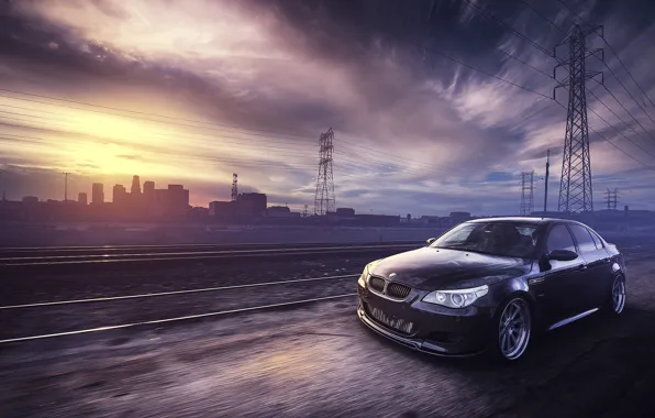 Картинка рельсы, BMW, ЛЭП, black, front, E60