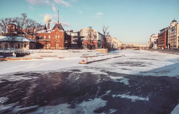 City, river, winter, snow, moscow, architecture, cityscape, aristovart