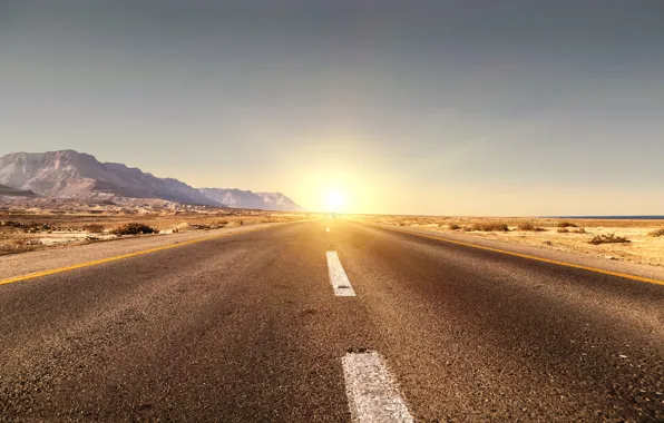 Дорога, солнце, разметка, холмы
