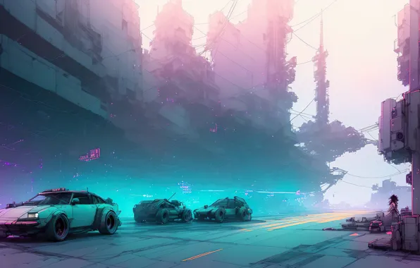 Car, city, future, landscape, art, fantastic, dystopia, digital art