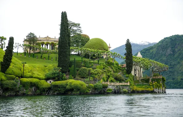 Деревья, озеро, вилла, Италия, Ломбардия, Комо, Villa del Balbianello