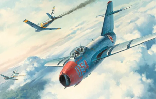 Картинка war, art, painting, aviation, F-86 Sabre, Mig 15, Korea war
