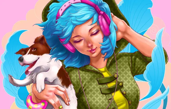 Картинка девушка, музыка, животное, волосы, собака, руки, наушники, браслет