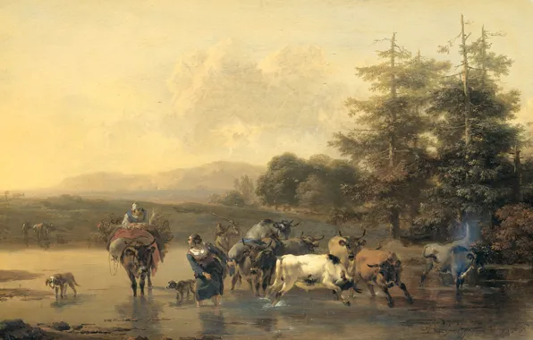 Пейзаж, масло, картина, Николас Питерс Берхем, 1656, Воловий брод, Nicolaes Pietersz Berchem
