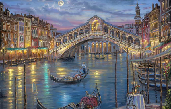 Цветы, ночь, мост, луна, романтика, свечи, Италия, Венеция