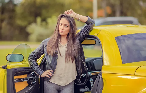 Car, long hair, woman, young, beautiful, model, look, jacket