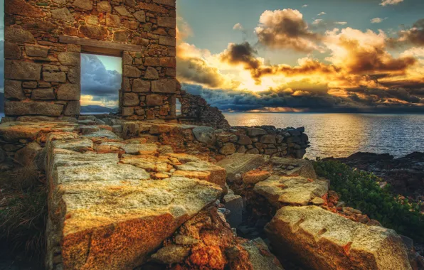 Картинка море, облака, закат, руины, British Virgin Islands, Virgin Gorda, Верджин-Горда