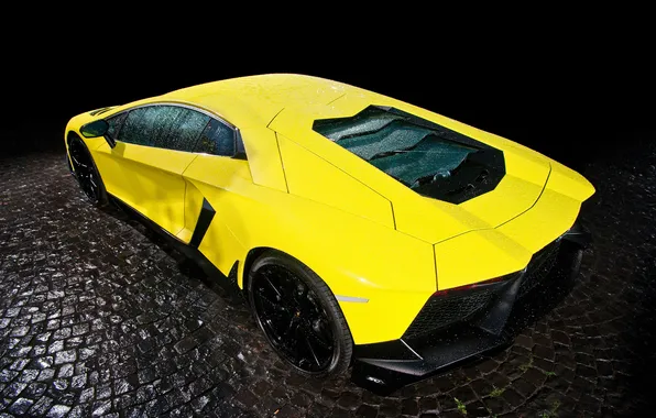 Lamborghini, supercar, black, rain, yellow, night, drops, aventador