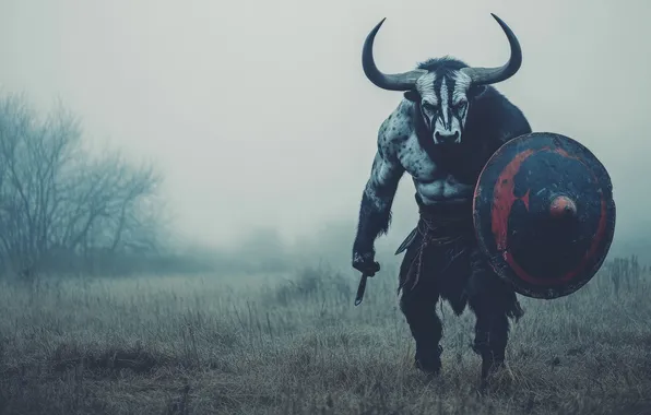 Туман, Воин, Чудовище, Рога, Щит, Цифровое искусство, Минотавр, Minotaur