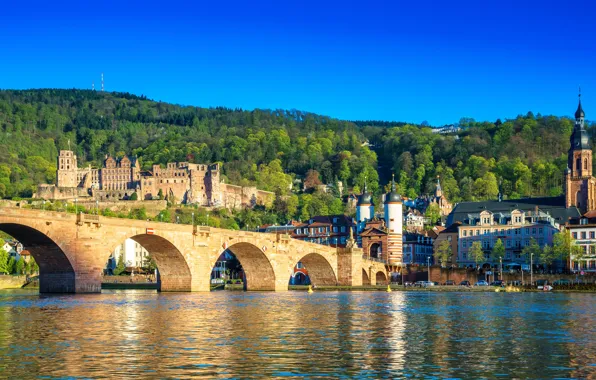 Картинка city, summer, sky, bridge, Germany, castle, sunny, Heidelberg