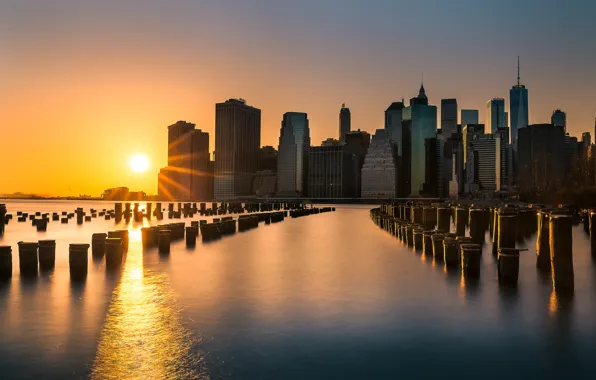 Закат, здания, Нью-Йорк, Манхэттен, небоскрёбы, Manhattan, New York City, East River
