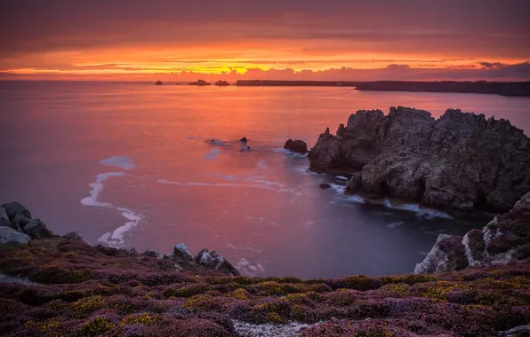 Картинка море, закат, скалы, побережье, Франция, France, Brittany, Бретань