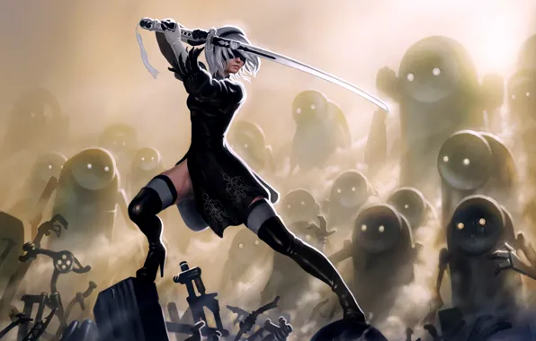Девушка, робот, меч, платье, YoRHa No.2 Type B, nier automata