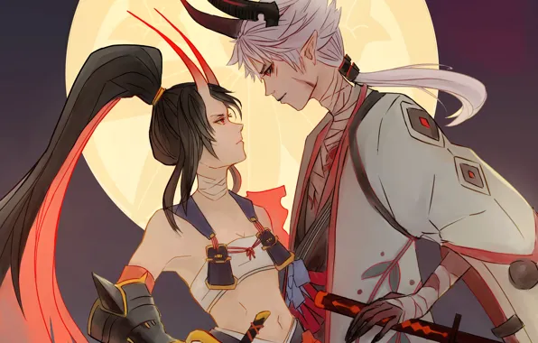 Луна, мечи, двое, демоны, Onmyouji, Onmyoji, Onmyouji (NetEase), Onikiri