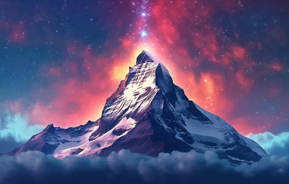 Картинка sky, nature, mountains, clouds, snow, stars, illustration, AI art