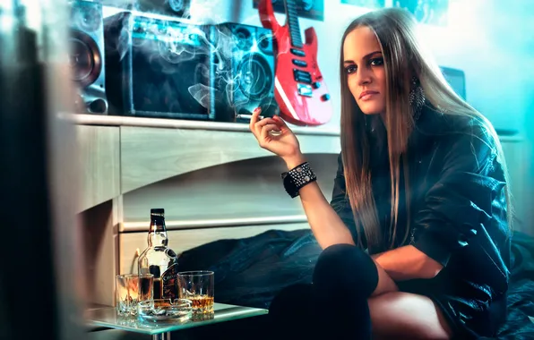 Картинка девушка, гитара, сигарета, выпивка