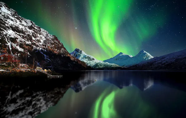 Картинка небо, звезды, снег, горы, ночь, северное сияние, Норвегия