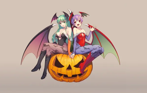 Сапоги, декольте, корсет, серый фон, две девушки, halloween, зеленые волосы, светильник Джека