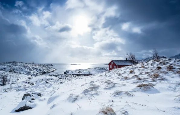 Зима, снег, Норвегия, домик, Norway, фьорд, Нурланн, Лофотенские острова