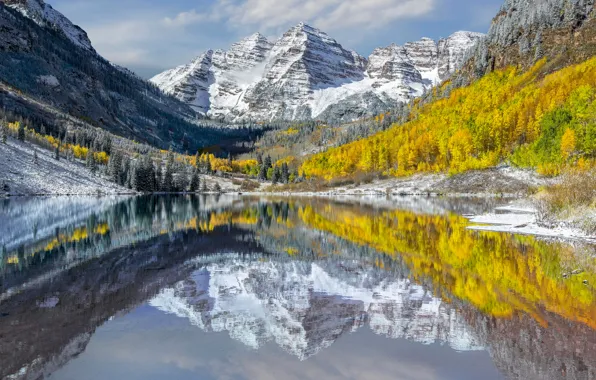 Картинка осень, вода, отражения, горы, озеро, Колорадо, США, пики