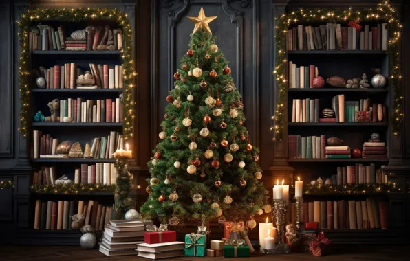 Украшения, комната, шары, книги, елка, интерьер, Новый Год, Рождество