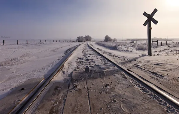 Картинка снег, пейзаж, железная дорога
