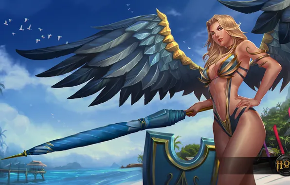 Грудь, девушка, тело, крылья, зонт, hon, Heroes of Newerth, valkyrie