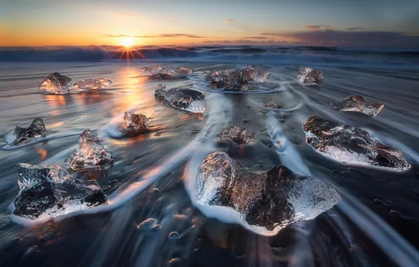 Волны, лёд, Исландия, прилив, Март, Ватнайёкюдль, Breiðamerkurjökull, Vatnajökull National Park