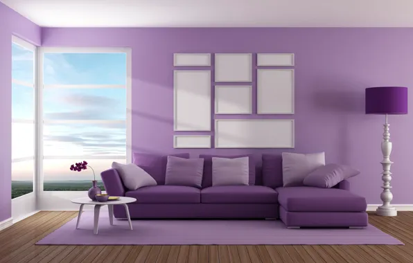 Картинка дизайн, диван, интерьер, окно, гостиная, purple