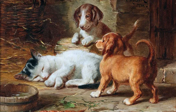 Щенки, Котенок, Картина, Собаки, Трое, Carl Reichert, Карл Райхерт, Австрийский художник