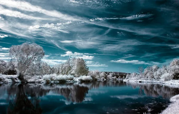 Картинка зима, снег, озеро