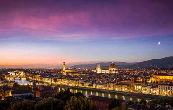 Картинка огни, дома, вечер, Италия, панорама, Флоренция