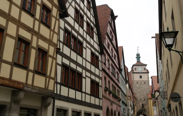 Улица, часы, башня, дома, Германия, Бавария, Ротенбург-на-Таубере