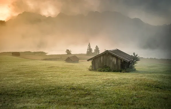 Поле, горы, Альпы, домик